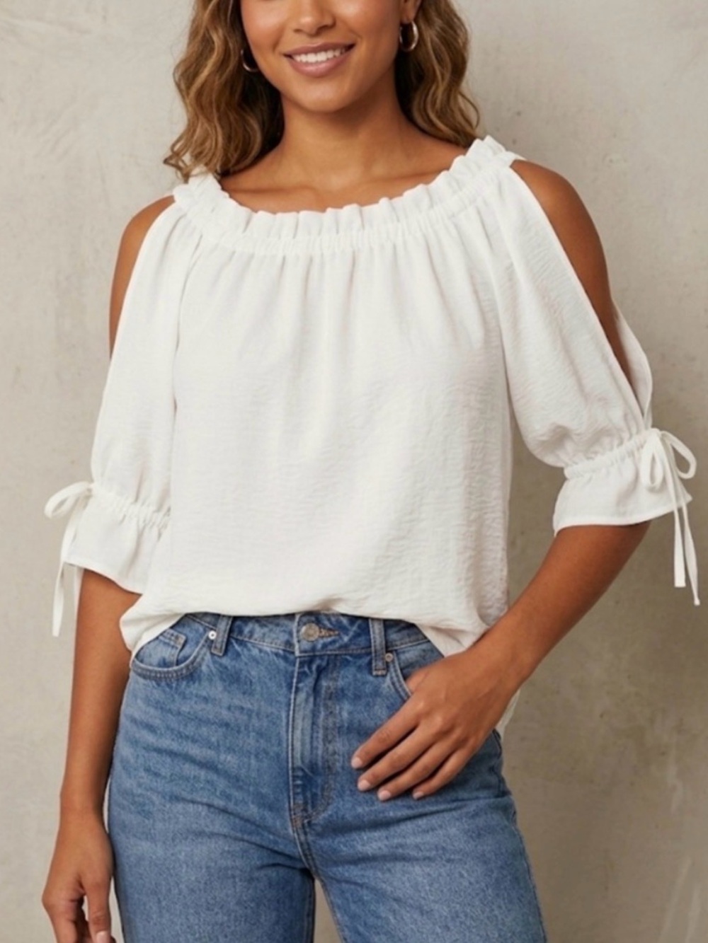Patrizia Luca Milano Off Shoulder Cold Shoulder Tie Sleeve Blouse NWT Boutique S